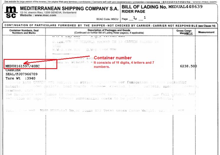 MSC container number example, how to find MSC container number